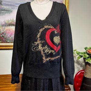 Apple Bottoms Vtg Y2K Black Red Gold Embroidered Rhinestone Hearts VNeck Sweater